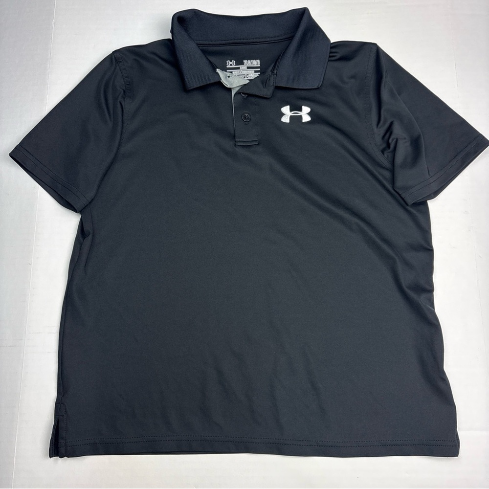 Under Armour Boys Youth Medium Polo Shirt Black Embroidered Golf Loose Heat Gear